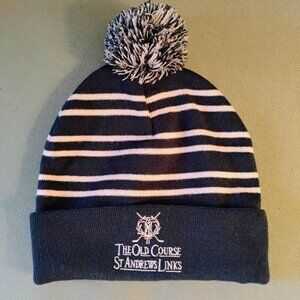 NWOT St. Andrews Old Course navy and pink pom beanie